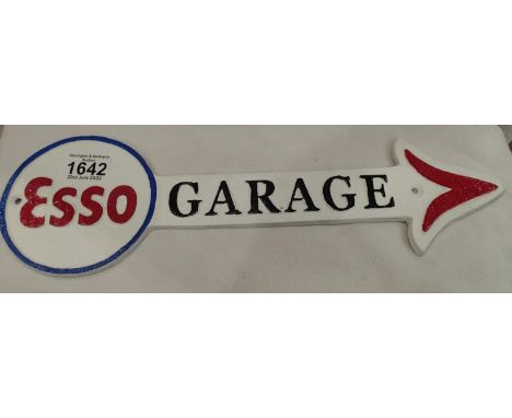 Cast iron Esso Garage arrow sign, 30 x 10 cm. P&amp;P Group 2 (£18+VAT for the first lot and £3+VAT for subsequent lots) 