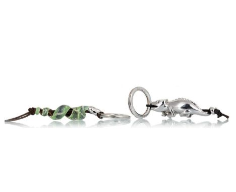 TWO SILVER KEYRINGS, the first modelled as a snake with enamel decoration, the second modelled as a chameleonthe snake 10cm w