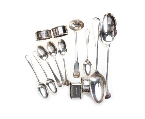 PAIR OF GEORGE V SILVER TABLE SPOONS, ELKINGTON & CO, BIRMINGHAM 1918 along with a set of six silver coffee spoons, a Georgia