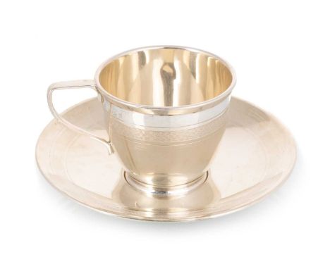 GEORGE V SILVER CUP AND SAUCER SET, WILLIAM BASE & SONS, BIRMINGHAM 1926 Art Deco style, with engine turned decorationsaucer 