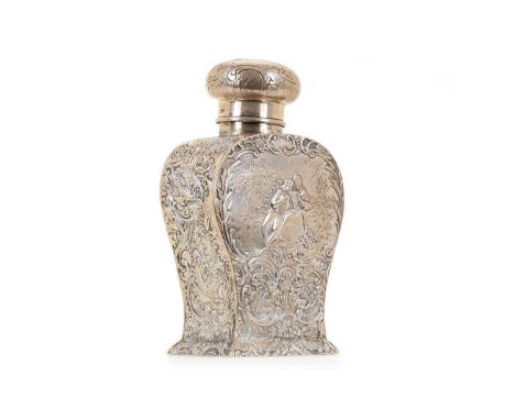 PSEUDO-HANAU TYPE CONTINENTAL SILVER CADDY, LATE 19TH CENTURY of Rococo design, waisted form, embossed with panels of lovers 