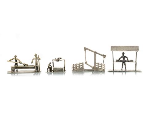 GROUP OF SILVER MINIATURES, comprising two figures playing billiards (inset felt), a Dutch bridge, a high jumper and a market