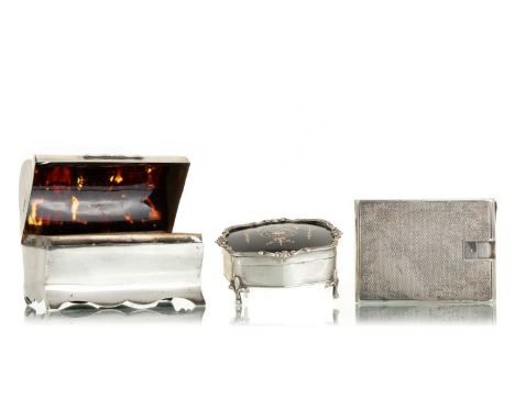 EDWARDIAN SILVER AND TORTOISESHELL JEWELLERY CASKET, WILLIAM COMYNS, LONDON 1909 with hinged cover, along with another silver