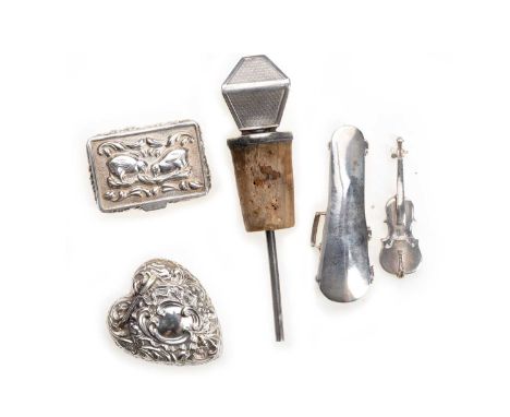 ELIZABETH II NOVELTY MINIATURE SILVER VIOLIN, RICHARD WHITEHOUSE, LONDON 1986 in matching silver violin case, along with othe