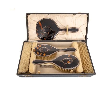 GEORGE V  SILVER AND SIMULATED TORTOISESHELL DRESSING TABLE SET, ADIE BROTHERS, BIRMINGHAM 1925  comprising two hair brushes,