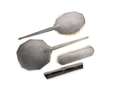 MATCHED ART DECO STYLE SILVER BACKED DRESSING TABLE SET, each with engine turned geometric decoration, comprising hairbrush, 