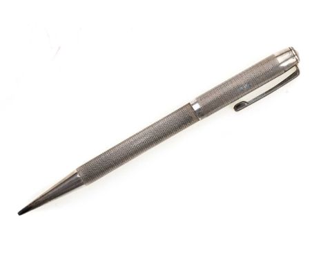 YARD-O-LED SILVER PROPELLING PENCIL, engine turned decoration and initialled J.C, with case12.5cm long