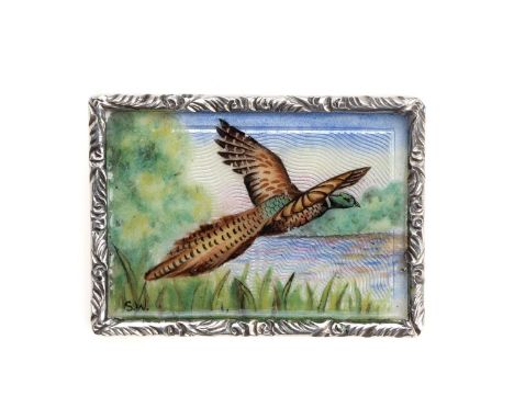 ELIZABETH II SILVER AND ENAMEL SNUFF BOX, S.J. ROSE, BIRMINGHAM  depicting a pheasant in flight, with gilt interior5cm x 3.5c
