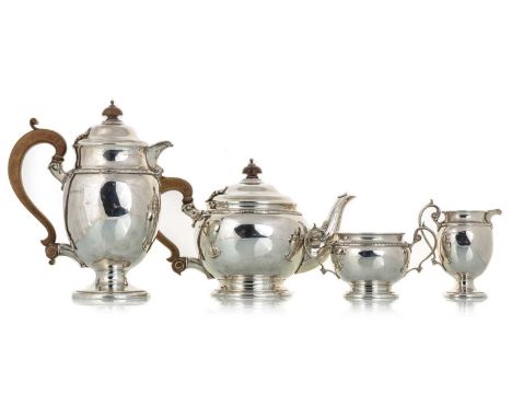 GEORGE V SILVER FOUR PIECE TEA SERVICE, MAKER B & S, SHEFFIELD 1924 of circular form, comprising teapot, coffee pot, sugar an