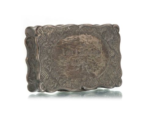 VICTORIAN SILVER SNUFF BOX, FM, BIRMINGHAM MARKS  of shaped rectangular form, inscribed David Alexander, Glasgow7cm wideQty: 
