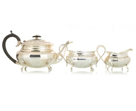 ELIZABETH II SILVER THREE PIECE TEA SERVICE, EMILE VINER, SHEFFIELD 1959 comprising teapot, sugar and cream, each of oval for