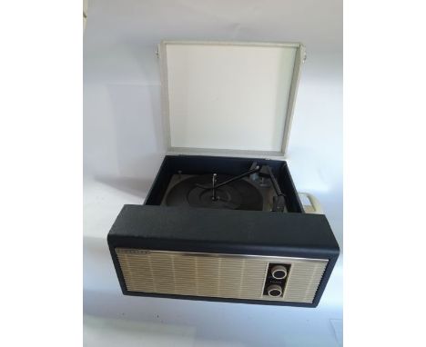 A vintage Fidelity portable record player set within a cream, navy blue and pale grey case