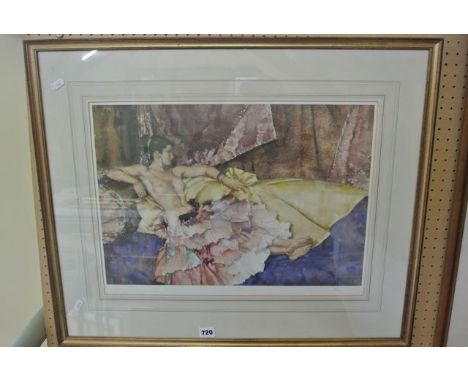 A limited edition coloured print after Sir William Russell Flint Reclining Nude 3, showing a reclining female model in flounc