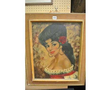 A continental oil painting on canvas, shoulder length portrait of a young woman in gypsy style costume with rose in her hair,