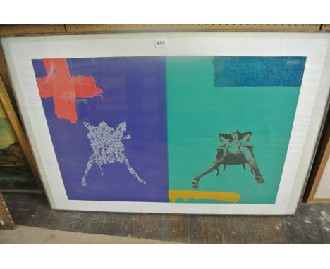 A screen type print showing a woman seated in a chair against an abstract background, with Petersburg Press Limited, London l