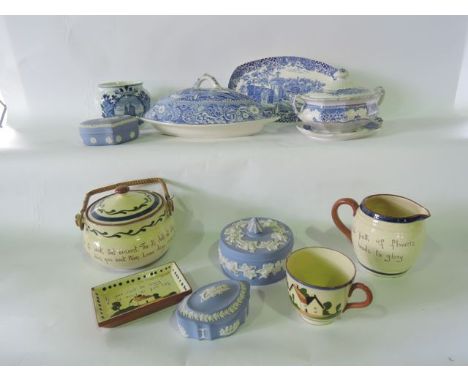 A collection of blue and white ceramics including a crescent shaped supper dish and cover by midwinter in the Landscape patte