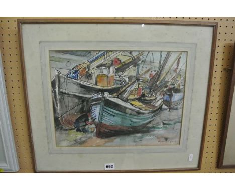 A watercolour of beached fishing boats, signed bottom right Minnie T White, 29 x 38 cm together with a pencil and wash study 