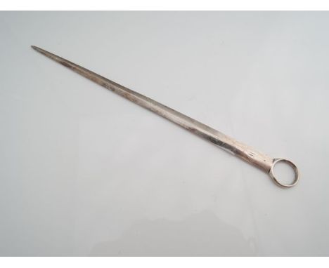 "A George III silver meat skewer, William Eley & William Fearn, London, 1805, of typical form with ring handle, initialled "M