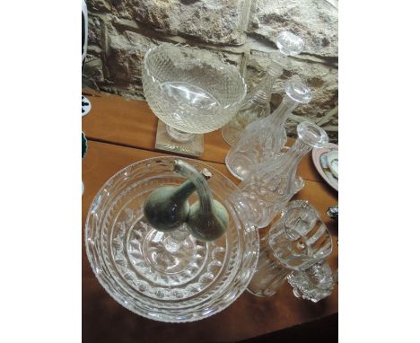 A selection of good quality clear glassware to include a large pedestal bowl with hob cut decoration set beneath a pointed ri