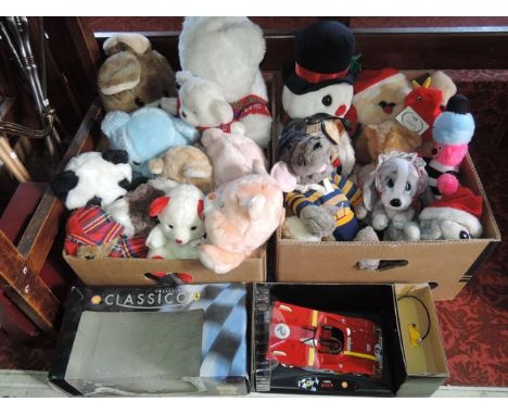 Two boxes containing an assortment of vintage soft toys and teddy bears to include a Roland Rat, Bertie Bassett, Biggles the 