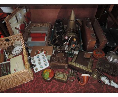 A substantial miscellaneous collection to include a vintage stitched tan leather briefcase with dual lever locks, a faux cart