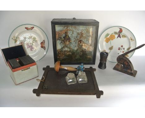 A miscellaneous collection to include an antique taxidermy study of two goldfinches set upon a mossy sprig within a naturalis