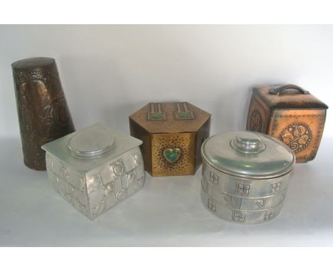 A selection of vintage confectionary tins, all loosely in the Arts & Crafts manner to include an example of squared form with