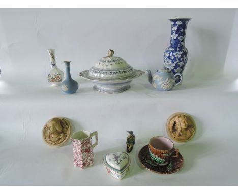 A quantity of 19th century and other ceramics including a Victorian majolica tea cup and saucer with moulded and painted simu