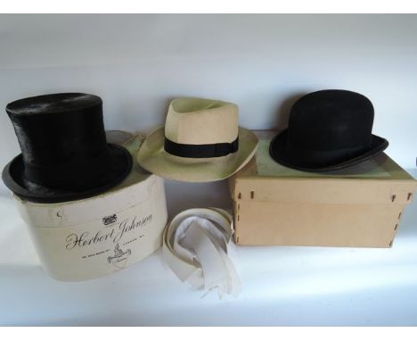 Three gentleman's vintage hats to include a Panama example stamped to the internal leather collar Herbert Johnson, 88 New Bon