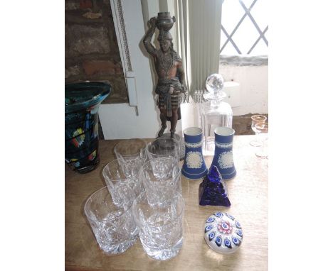A set of six good quality heavy clear glass tumblers with extensive slice and other cut decoration, a heavy Stuart England ca