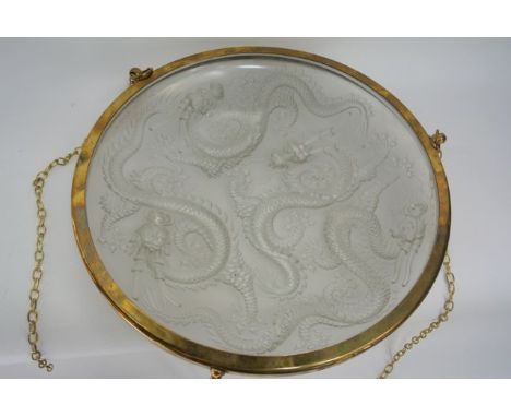 A moulded clear frosted glass Plaffonier with deep moulded relief decoration of four trailing Chinese style dragons in flight