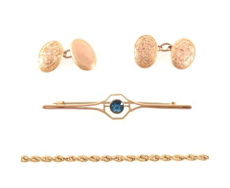 A collection of gold, a pair of yellow metal chain link cufflinks with scroll engraved and plain faces, marked 10c, approxima