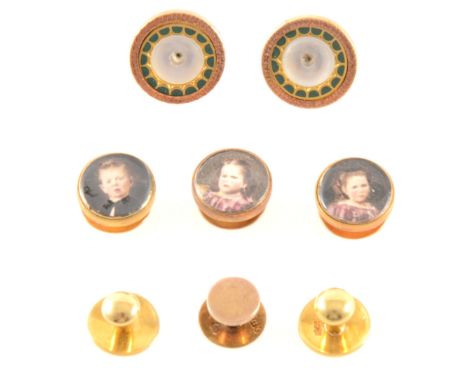 A collection of gentleman's dress studs, three having miniature photographs of children, two studs marked 18ct, approximate w