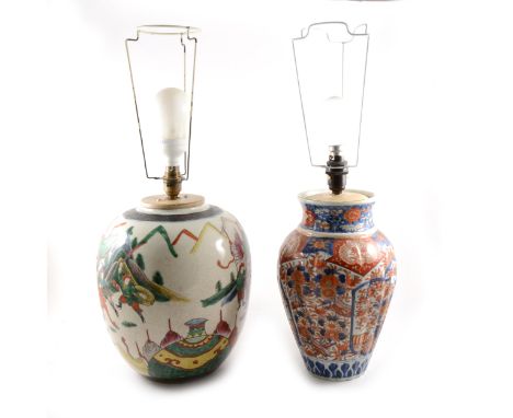 Imari baluster shaped vase, lightly fluted, floral decoration in a traditional palette, 32cm, serving a lamp base, and an Ima