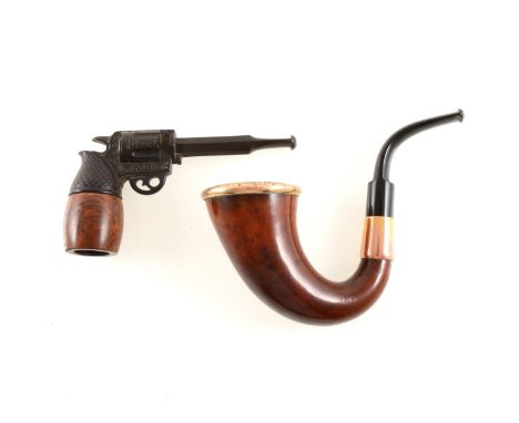 A Sherlock Holmes pipe with rose metal rim and collar marked 18ct, makers mark AB&amp;Co, in a fitted case of same manufactur