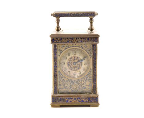 An enamelled brass carriage clock, the case with blue enamel bands, rectangular dial similarly decorated with birds and scrol
