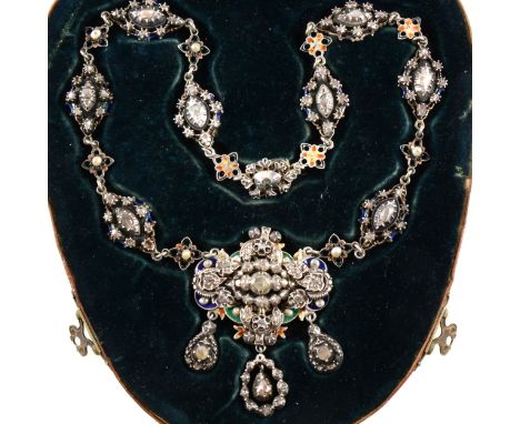 A rose diamond and enamel necklace set in silver with original box, the necklace having eight lozenge shaped links each set w