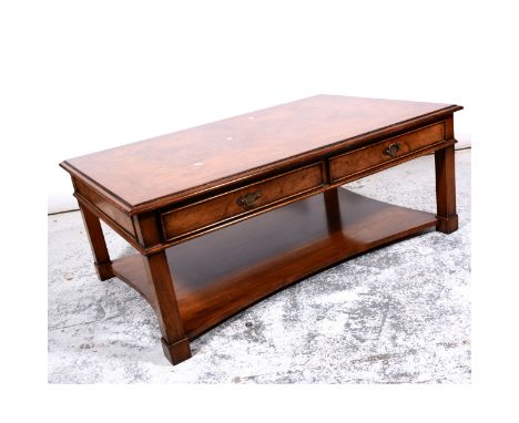 Oak coffee table, rectangular top with cross-banding and moulded edge, frieze drawers, square legs joined by a shelf, 118x76c