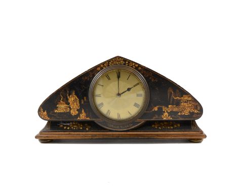 Edwardian japanned mantel clock, cylinder movement, 14.5cm.