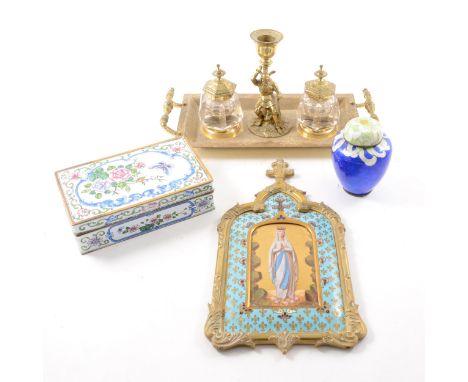 A painted pottery panel, gilt frame, 29cm, desk stand, enamel box and a cloisonne vase.