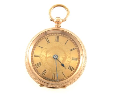 A 14K yellow metal open face fob watch, circular gold coloured dial with roman numeral chapter ring in a yellow metal 35mm ca