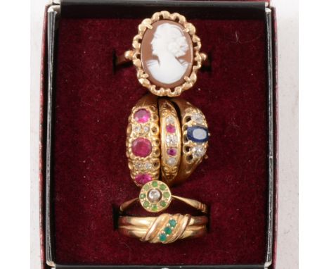 Six coloured stone dress rings, an 18 carat yellow gold ring set with two old cut diamonds and un-tested blue stone, hallmark