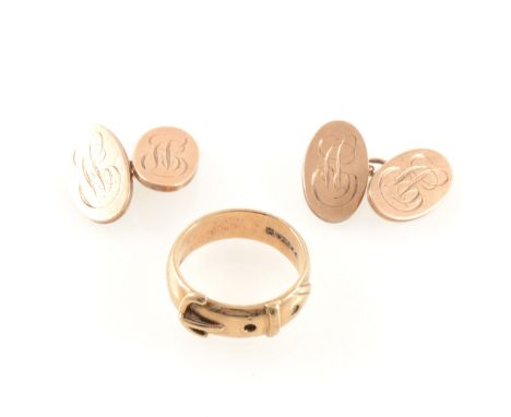 A 9 carat yellow gold ring 7mm wide buckle ring, two stones missing, approximate weight 8.4gms, ring size T, a pair of 9 cara