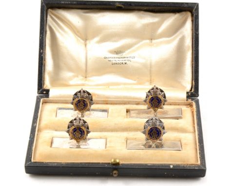 Set of four Regimental menu holders, each 4.5cm and with an enamel crest, Charles Packer fitted case.