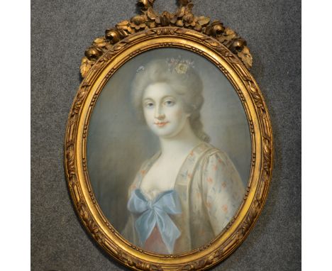 Continental School, late 18th / early 19th Century, head and shoulders portrait of a lady, flowers in her hair and dress tied