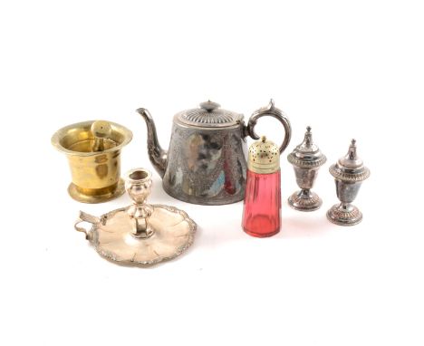 A quantity of silver, silver-plate and wooden items, to include a pair of silver pepperettes by Henry Williamson Ltd, lightho