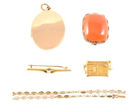 A collection of Victorian and Edwardian jewellery, a plain 9 carat rose gold locket 35mm x 28mm, hallmarked Birmingham 1919, 