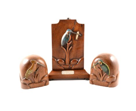 A pair of mahogany book ends and lamp decorated with coloured Kingfishers and Hoopoe birds in relief, the lamp 30cm high and 