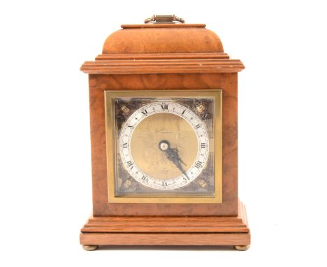 An Elliott mantel clock, square dial, burr walnut case, 22cm.