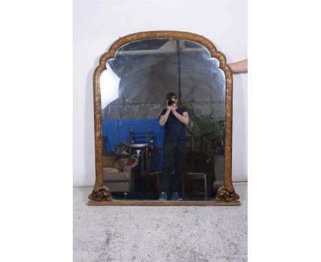 Black Forest style walnut over mantel mirror, carved frame, arched plate, 144x131cm.